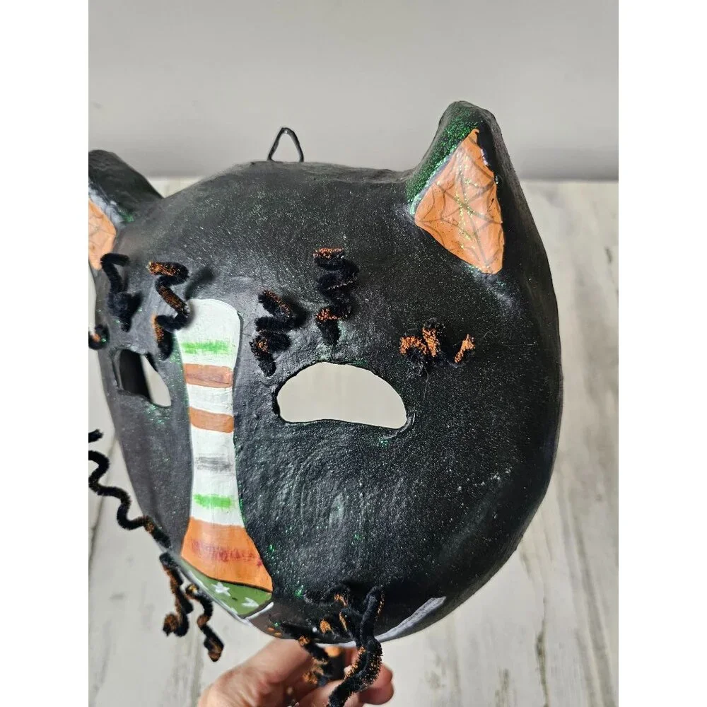 Shabby chic cat mask‎ Halloween decor unique black glitter